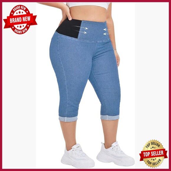 Denim - Plus Size High Waist Tummy Control Stretch Capri Jeans Slim Fit